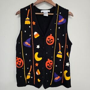 Victoria Jones Halloween Sweater Vest Womens Small Black Pumpkin Witch Kitsch